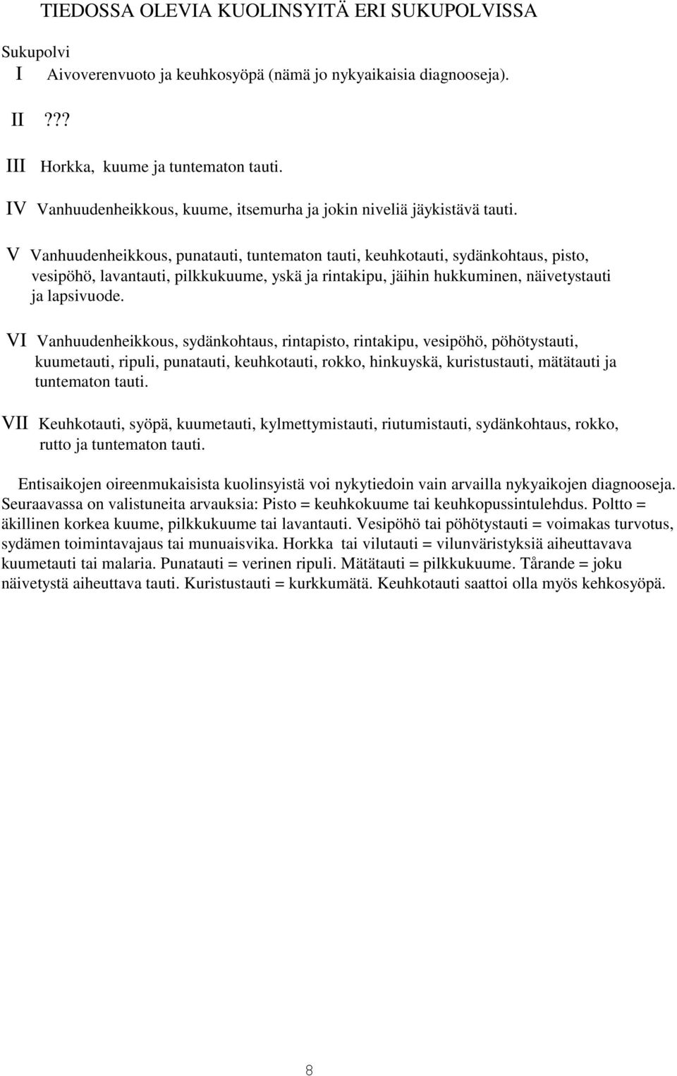 V Vanhuudenheikkous, punatauti, tuntematon tauti, keuhkotauti, sydänkohtaus, pisto, vesipöhö, lavantauti, pilkkukuume, yskä ja rintakipu, jäihin hukkuminen, näivetystauti ja lapsivuode.