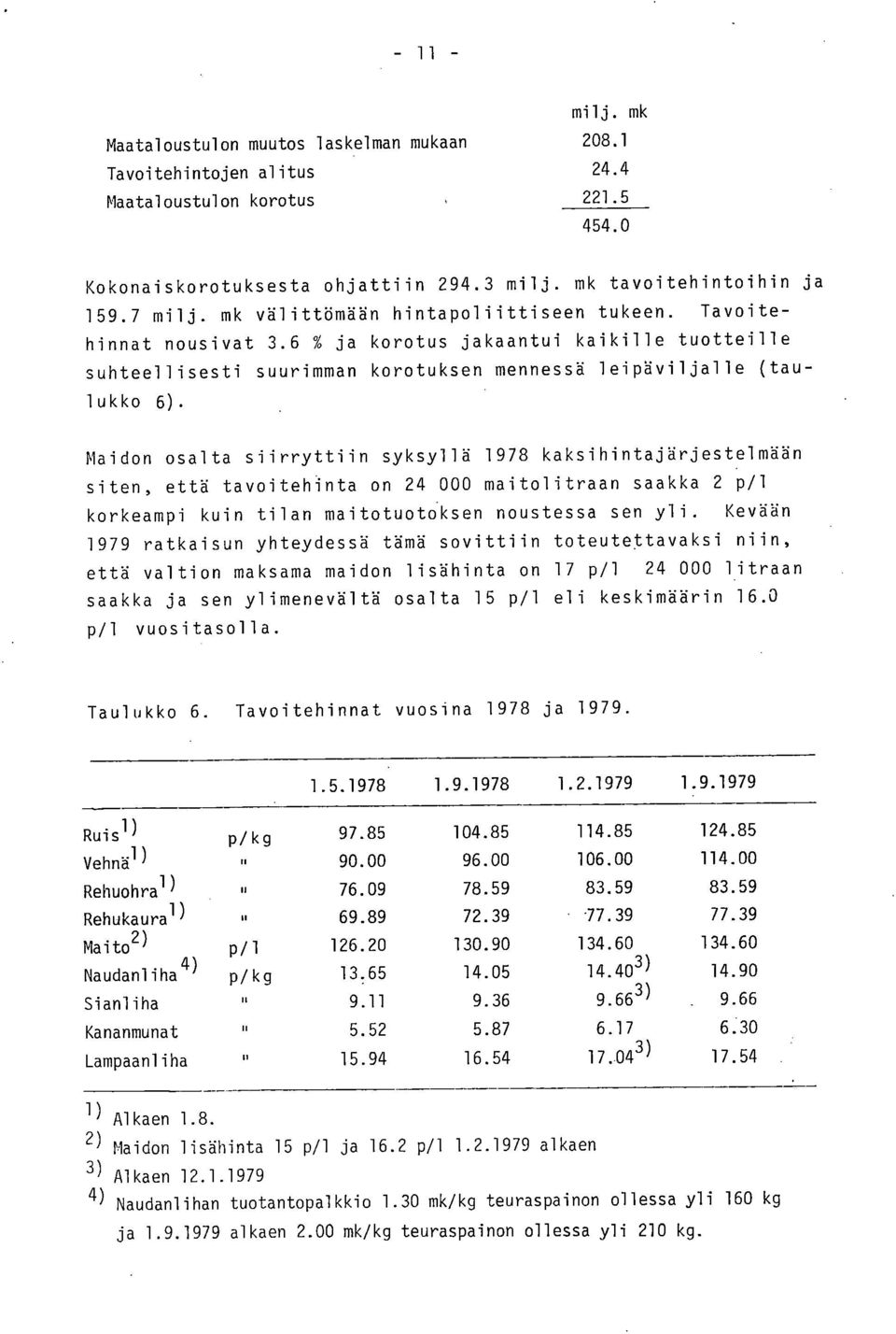 Maidon osalta siirryttiin syksyllä 1978 kaksihintajärjestelmään siten, että tavoitehinta on 24 000 maitolitraan saakka 2 P/1 korkeampi kuin tilan maitotuoto.ksen noustessa sen yli.