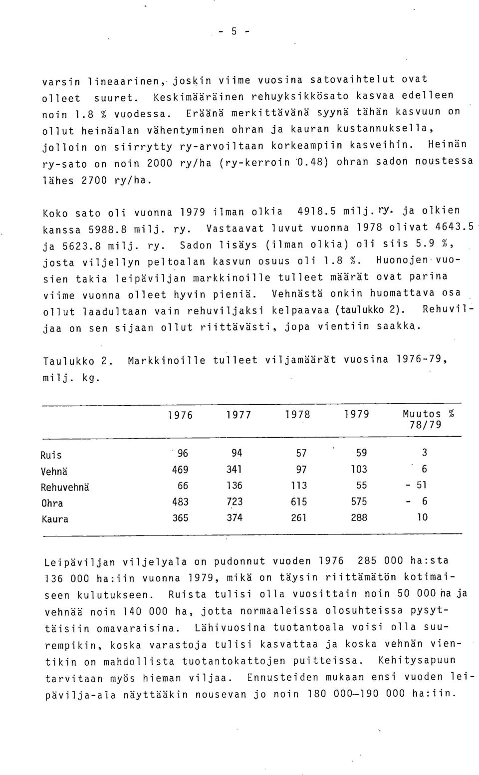 Heinän ry-sato on noin 2000 ry/ha (ry-kerroin '0.48) ohran sadon noustessa lähes 2700 ry/ha. Koko sato oli vuonna 1979 ilman olkia 4918.5 milj.ry. ja olkien kanssa 5988.8 milj. ry. Vastaavat luvut vuonna 1978 olivat 4643.