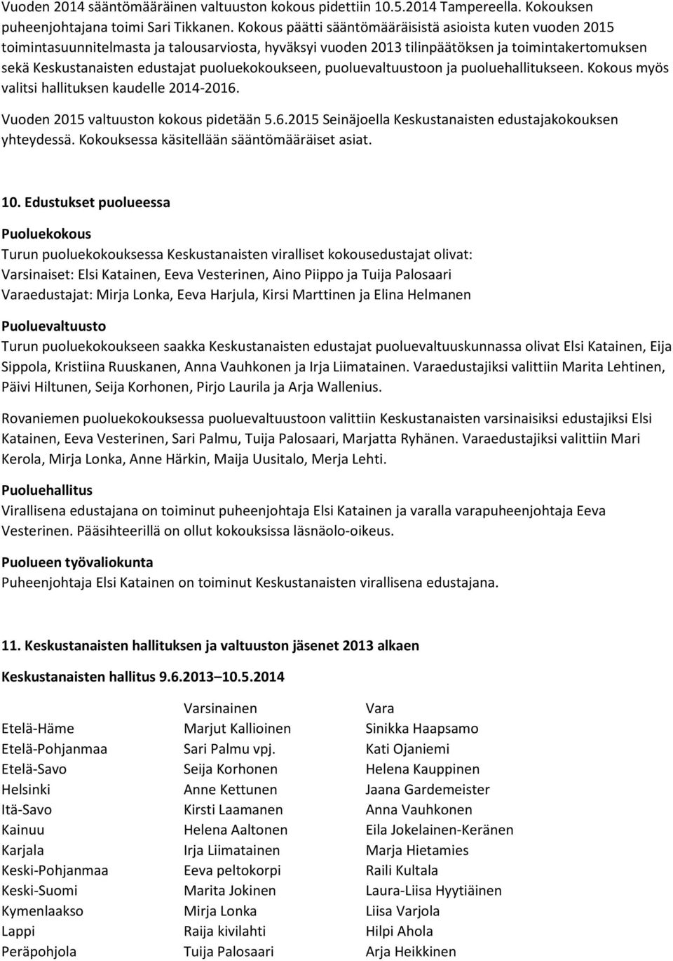 puoluekokoukseen, puoluevaltuustoon ja puoluehallitukseen. Kokous myös valitsi hallituksen kaudelle 2014-2016. Vuoden 2015 valtuuston kokous pidetään 5.6.2015 Seinäjoella Keskustanaisten edustajakokouksen yhteydessä.