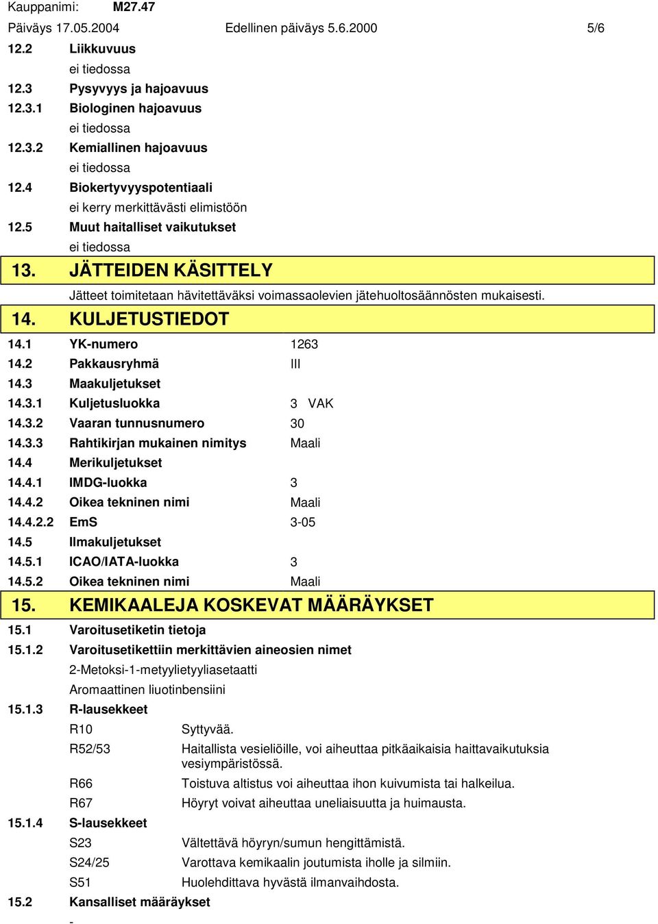 JÄTTEIDEN KÄSITTELY Jätteet toimitetaan hävitettäväksi voimassaolevien jätehuoltosäännösten mukaisesti. 14. KULJETUSTIEDOT 14.1 YK-numero 1263 14.2 Pakkausryhmä III 14.3 Maakuljetukset 14.3.1 Kuljetusluokka 3 VAK 14.