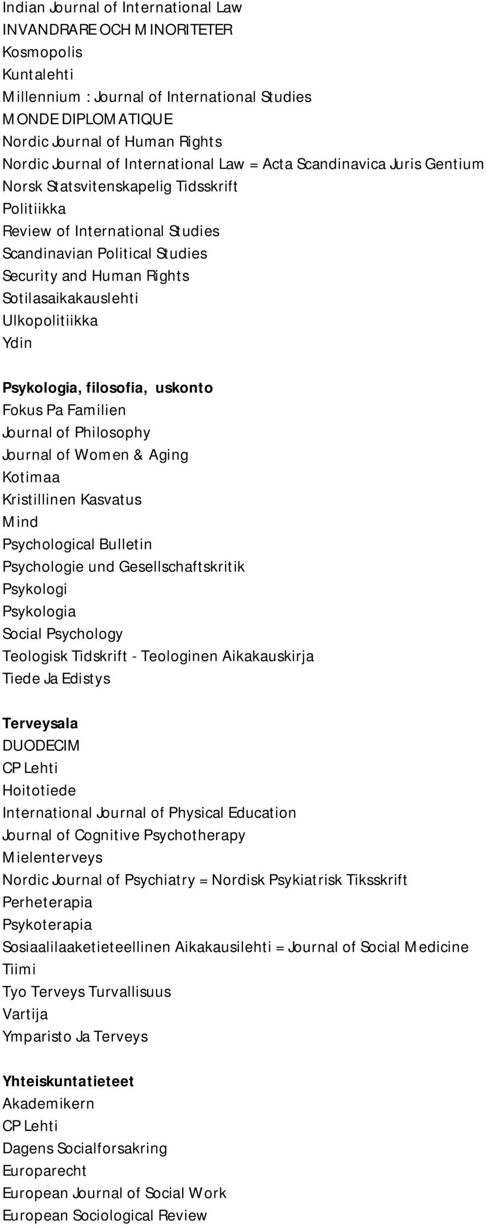 Sotilasaikakauslehti Ulkopolitiikka Ydin Psykologia, filosofia, uskonto Fokus Pa Familien Journal of Philosophy Journal of Women & Aging Kotimaa Kristillinen Kasvatus Mind Psychological Bulletin