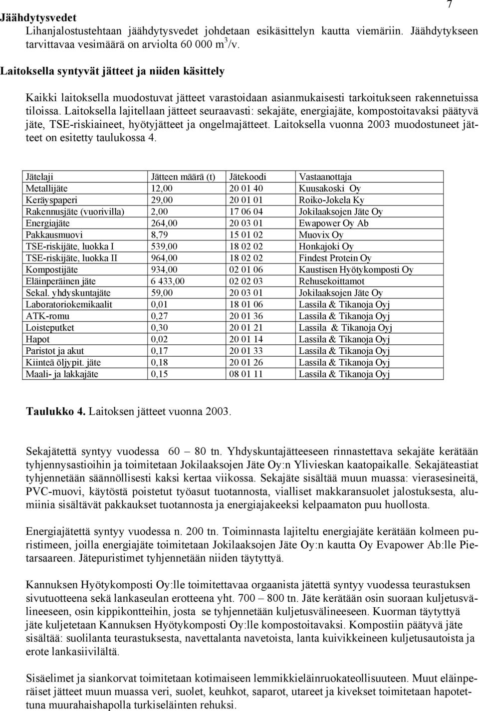 Laitoksella lajitellaan jätteet seuraavasti: sekajäte, energiajäte, kompostoitavaksi päätyvä jäte, TSE-riskiaineet, hyötyjätteet ja ongelmajätteet.