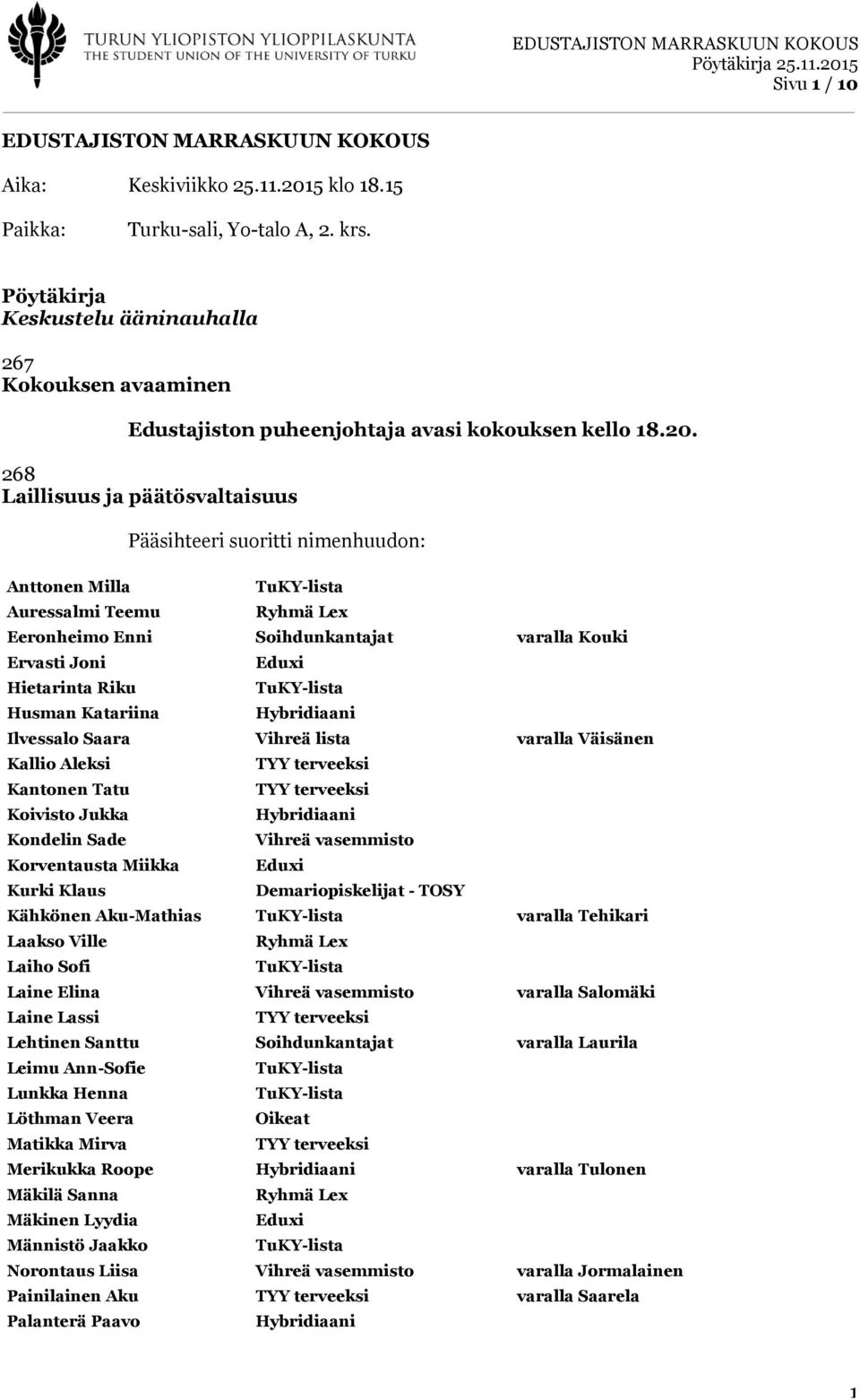 268 Laillisuus ja päätösvaltaisuus Anttonen Milla Auressalmi Teemu Pääsihteeri suoritti nimenhuudon: Ryhmä Lex Eeronheimo Enni Soihdunkantajat varalla Kouki Ervasti Joni Hietarinta Riku Husman