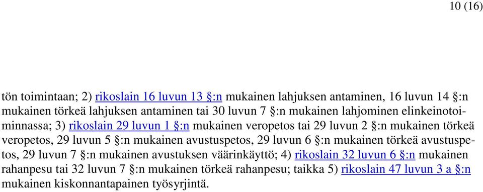 29 luvun 5 :n mukainen avustuspetos, 29 luvun 6 :n mukainen törkeä avustuspetos, 29 luvun 7 :n mukainen avustuksen väärinkäyttö; 4) rikoslain 32