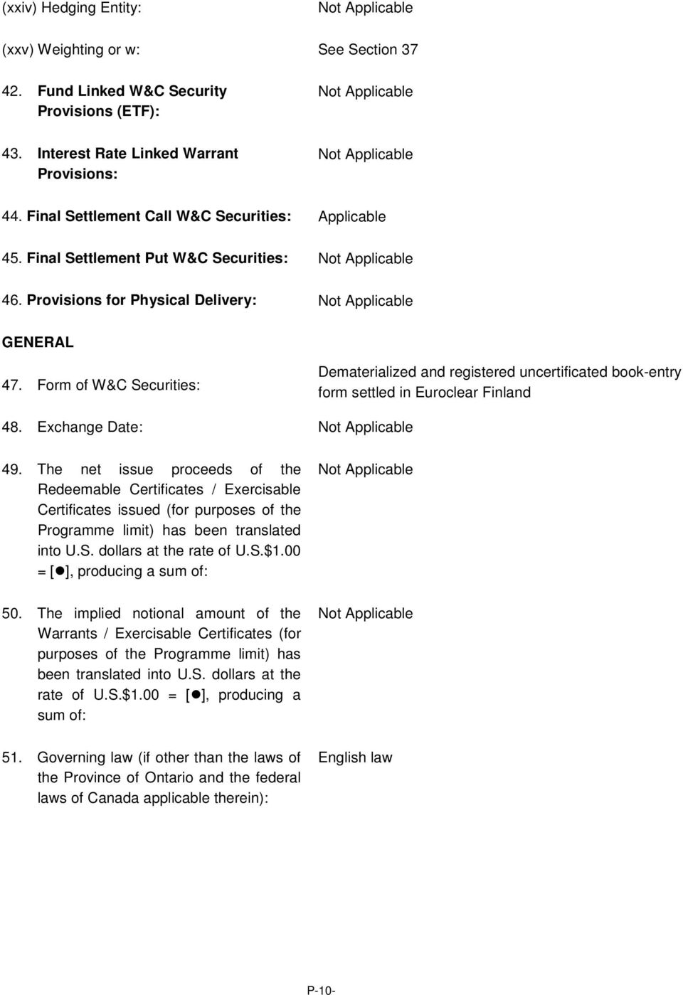 Form of W&C Securities: Dematerialized and registered uncertificated book-entry form settled in Euroclear Finland 48. Exchange Date: 49.