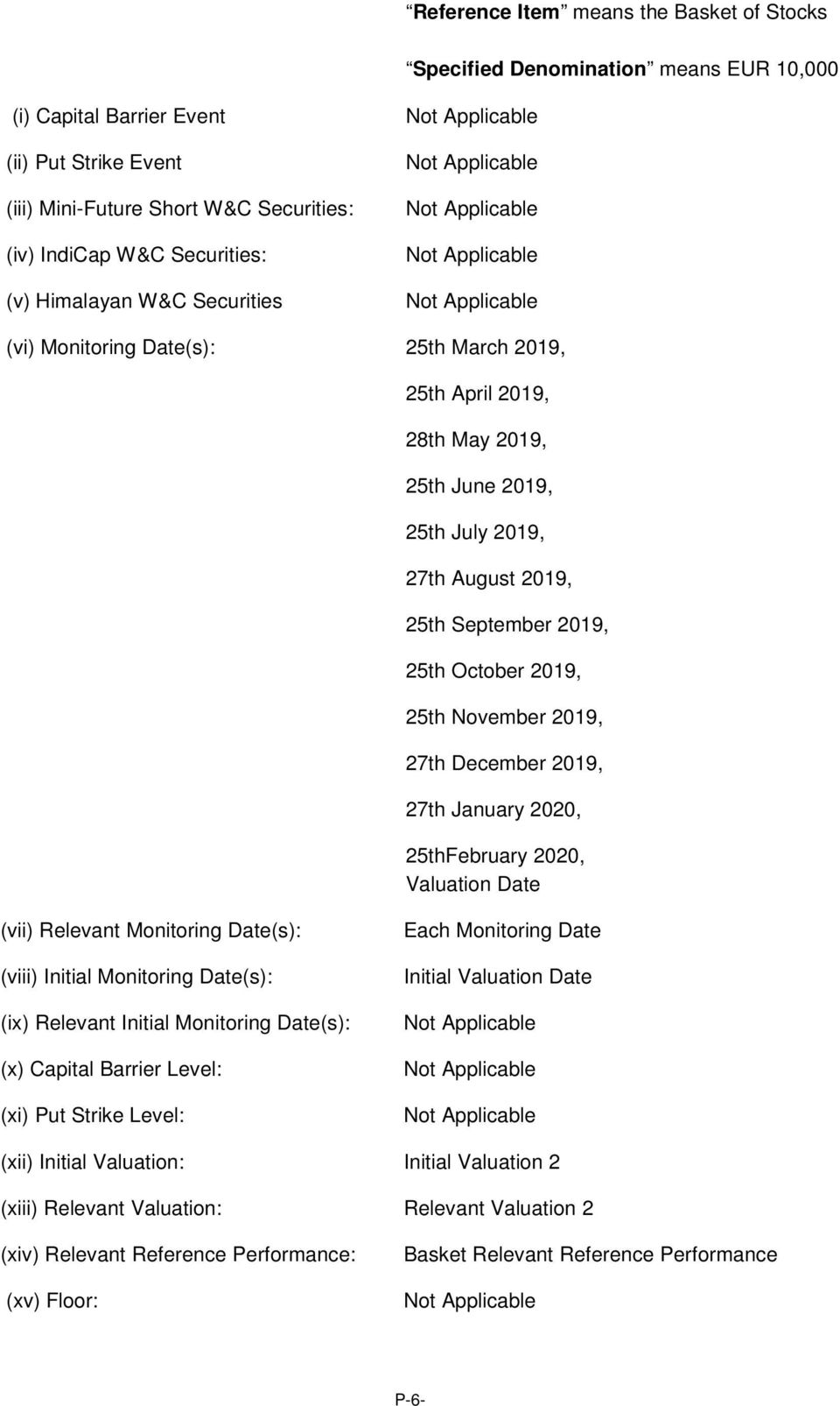 November 2019, 27th December 2019, 27th January 2020, 25thFebruary 2020, Valuation Date (vii) Relevant Monitoring Date(s): (viii) Initial Monitoring Date(s): (ix) Relevant Initial Monitoring Date(s):