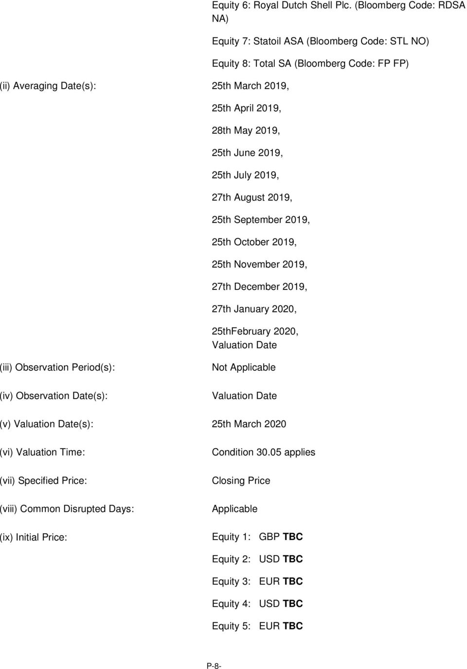 August 2019, 25th September 2019, 25th October 2019, 25th November 2019, 27th December 2019, 27th January 2020, 25thFebruary 2020, Valuation Date (iii) Observation Period(s): (iv)