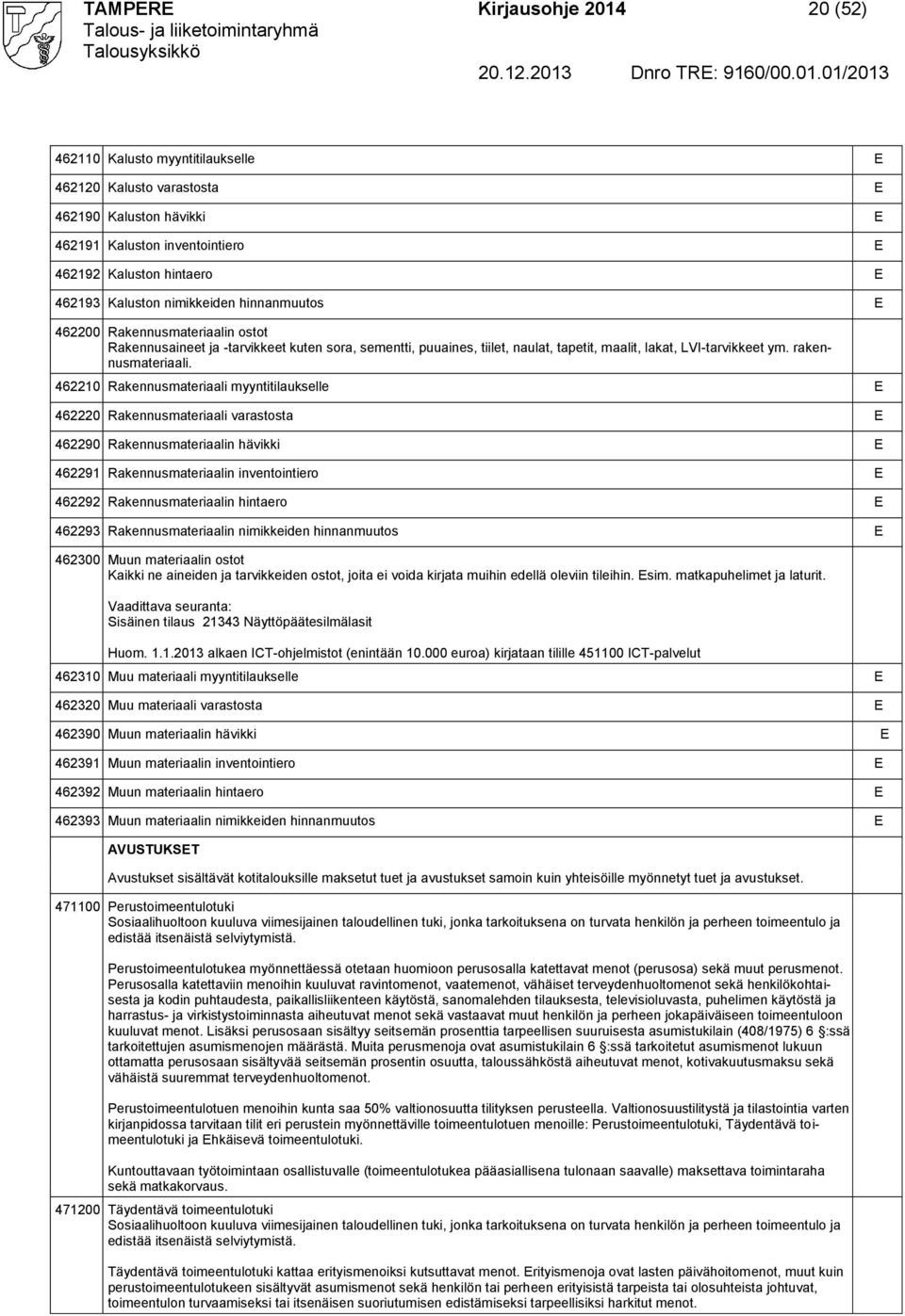 462210 Rakennusmateriaali myyntitilaukselle 462220 Rakennusmateriaali varastosta 462290 Rakennusmateriaalin hävikki 462291 Rakennusmateriaalin inventointiero 462292 Rakennusmateriaalin hintaero