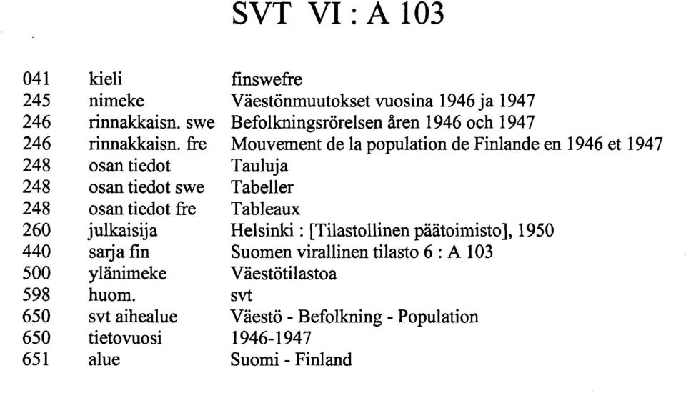 Befolkningsrörelsen åren och Mouvement de la population de Finlande en et Tauluja Tabeller Tableaux Helsinki :