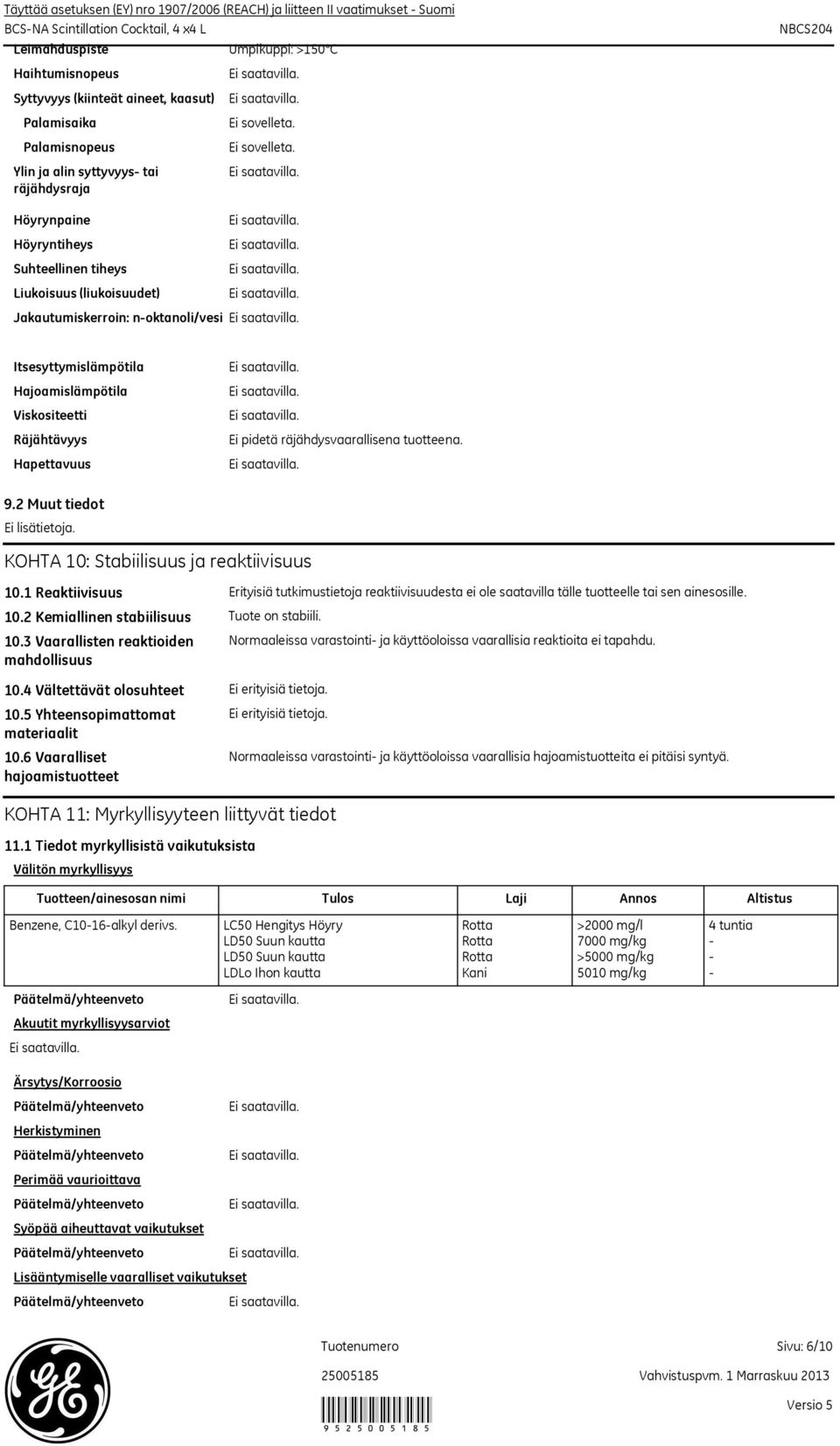Hajoamislämpötila Viskositeetti Räjähtävyys Hapettavuus Ei pidetä räjähdysvaarallisena tuotteena. 9.2 Muut tiedot Ei lisätietoja. KOHTA 10: Stabiilisuus ja reaktiivisuus 10.