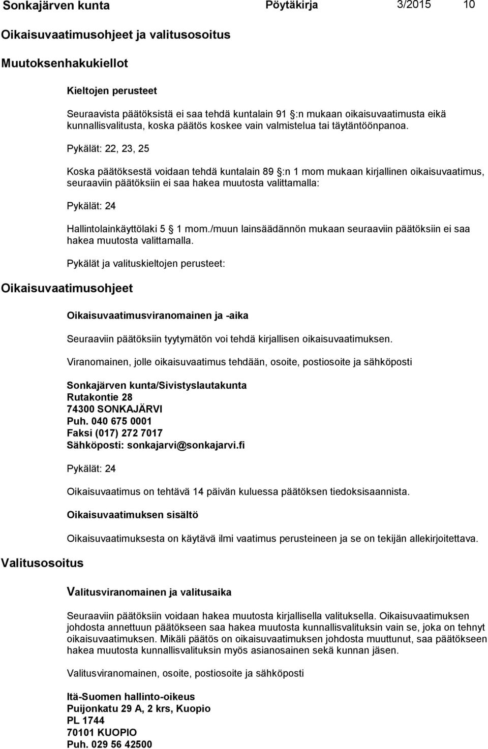 Pykälät: 22, 23, 25 Koska päätöksestä voidaan tehdä kuntalain 89 :n 1 mom mukaan kirjallinen oikaisuvaatimus, seu raa viin päätök siin ei saa hakea muutosta valittamalla: Pykälät: 24