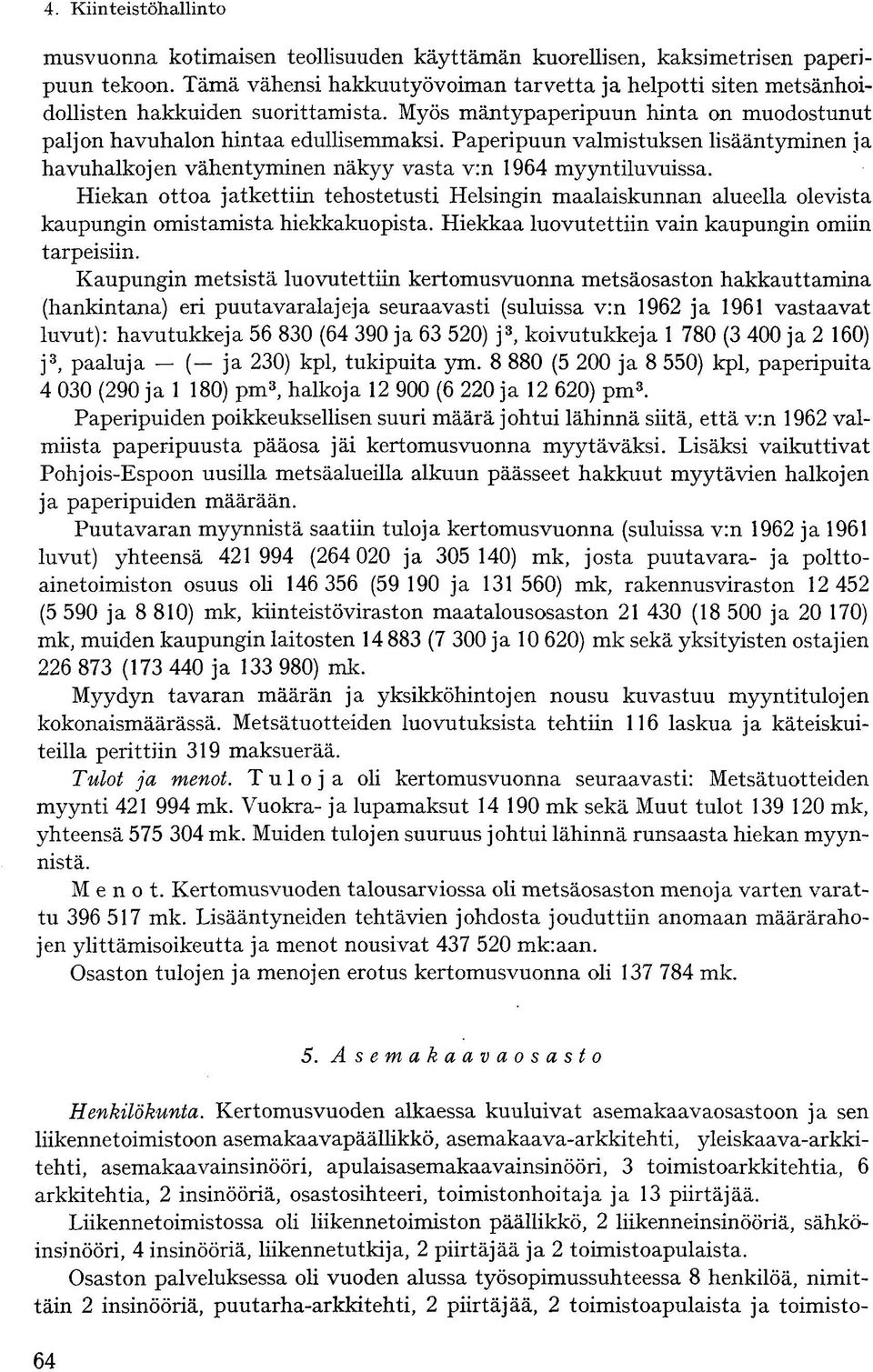 Paperipuun valmistuksen lisääntyminen ja havuhalkojen vähentyminen näkyy vasta v:n 1964 myyntiluvuissa.