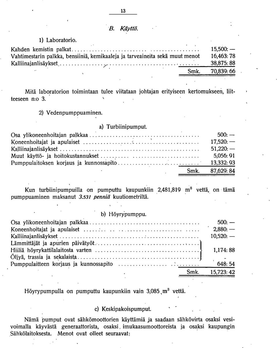 2) Vedenpumppuaminen. a) Turbiinipumput. Osa ylikoneenhoitajan palkkaa.....,... 500: - Koneenhoitajat ja apulaiset...;:... :................ 17,520: - Kalliinajanlisäykset.