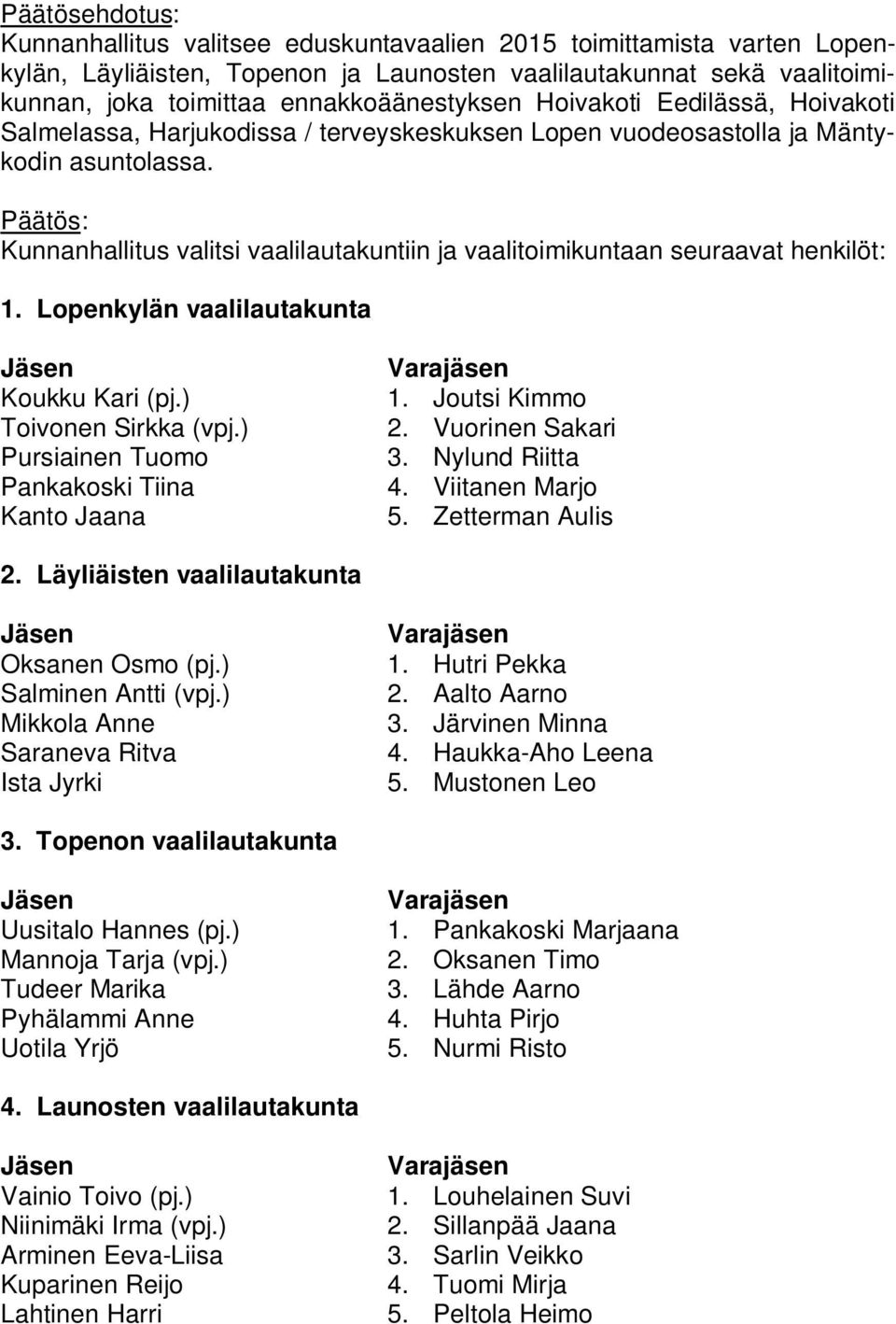 Kunnanhallitus valitsi vaalilautakuntiin ja vaalitoimikuntaan seuraavat henkilöt: 1. Lopenkylän vaalilautakunta Koukku Kari (pj.) Toivonen Sirkka (vpj.