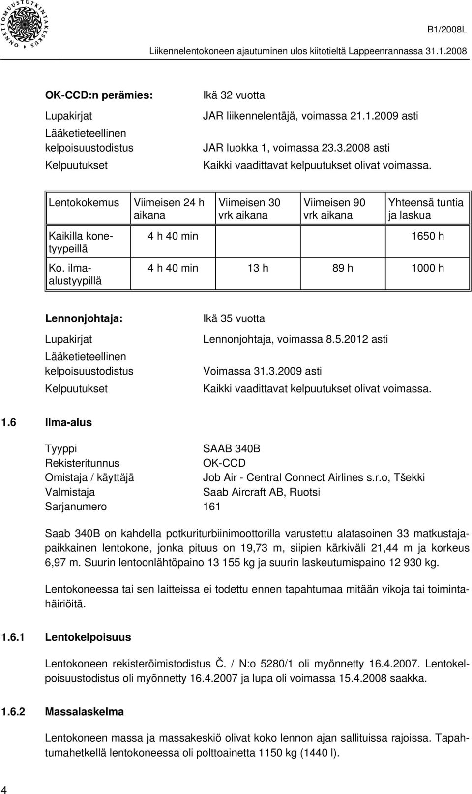 ilmaalustyypillä 4 h 40 min 1650 h 4 h 40 min 13 h 89 h 1000 h Lennonjohtaja: Lupakirjat Lääketieteellinen kelpoisuustodistus Kelpuutukset Ikä 35 vuotta Lennonjohtaja, voimassa 8.5.2012 asti Voimassa 31.