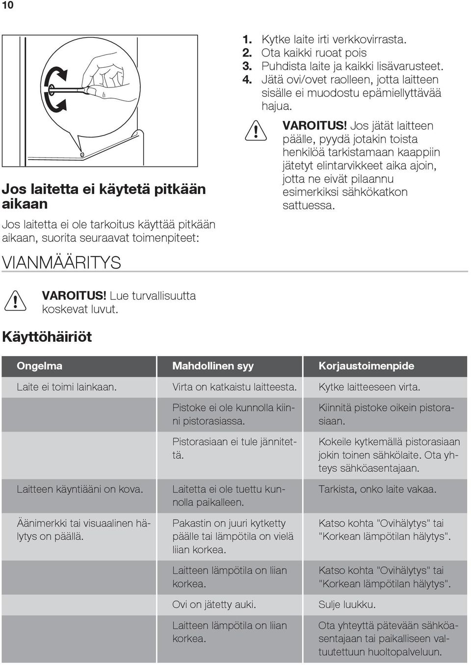 Jos jätät laitteen päälle, pyydä jotakin toista henkilöä tarkistamaan kaappiin jätetyt elintarvikkeet aika ajoin, jotta ne eivät pilaannu esimerkiksi sähkökatkon sattuessa. VAROITUS!