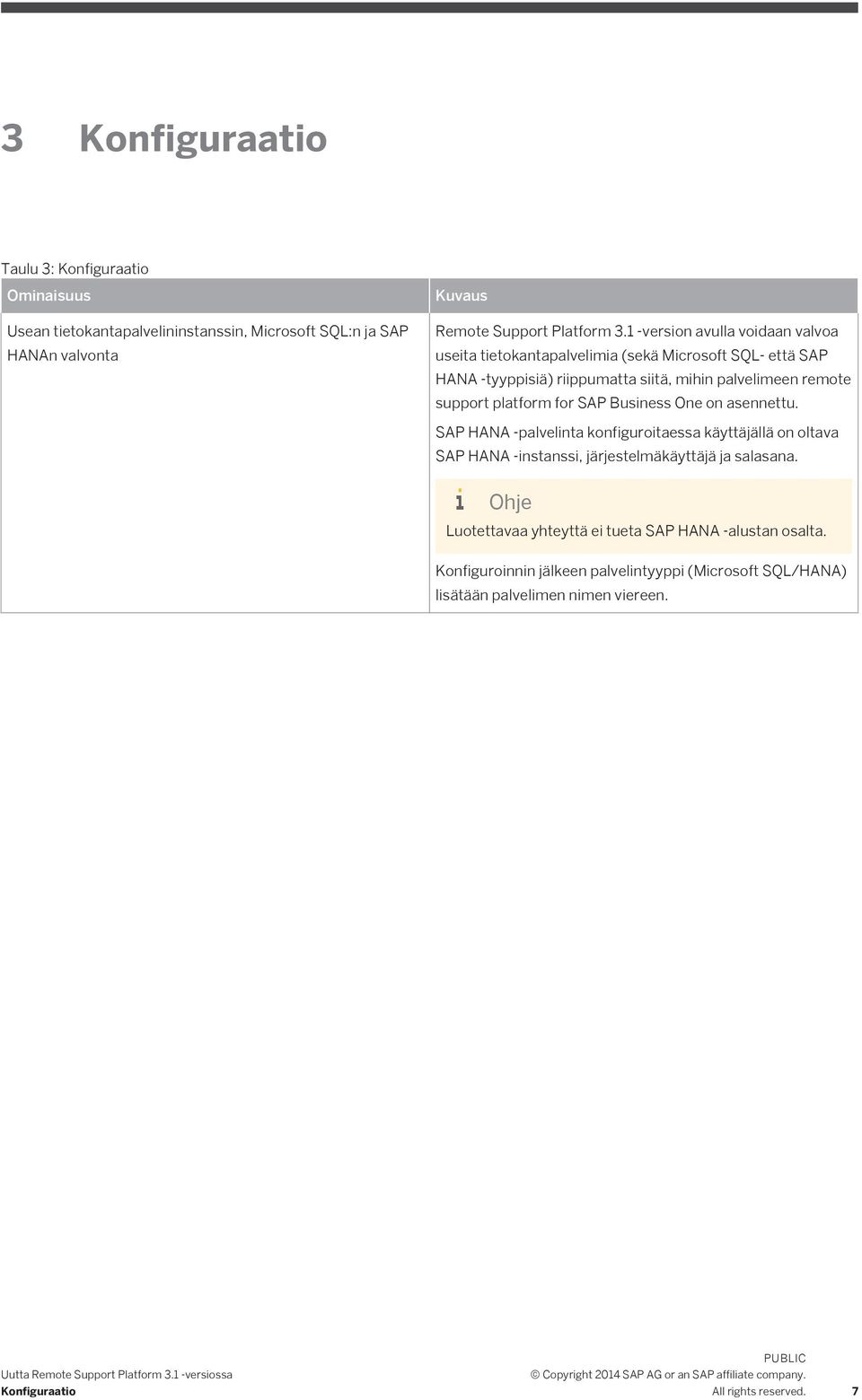 platform for SAP Business One on asennettu. SAP HANA -palvelinta konfiguroitaessa käyttäjällä on oltava SAP HANA -instanssi, järjestelmäkäyttäjä ja salasana.