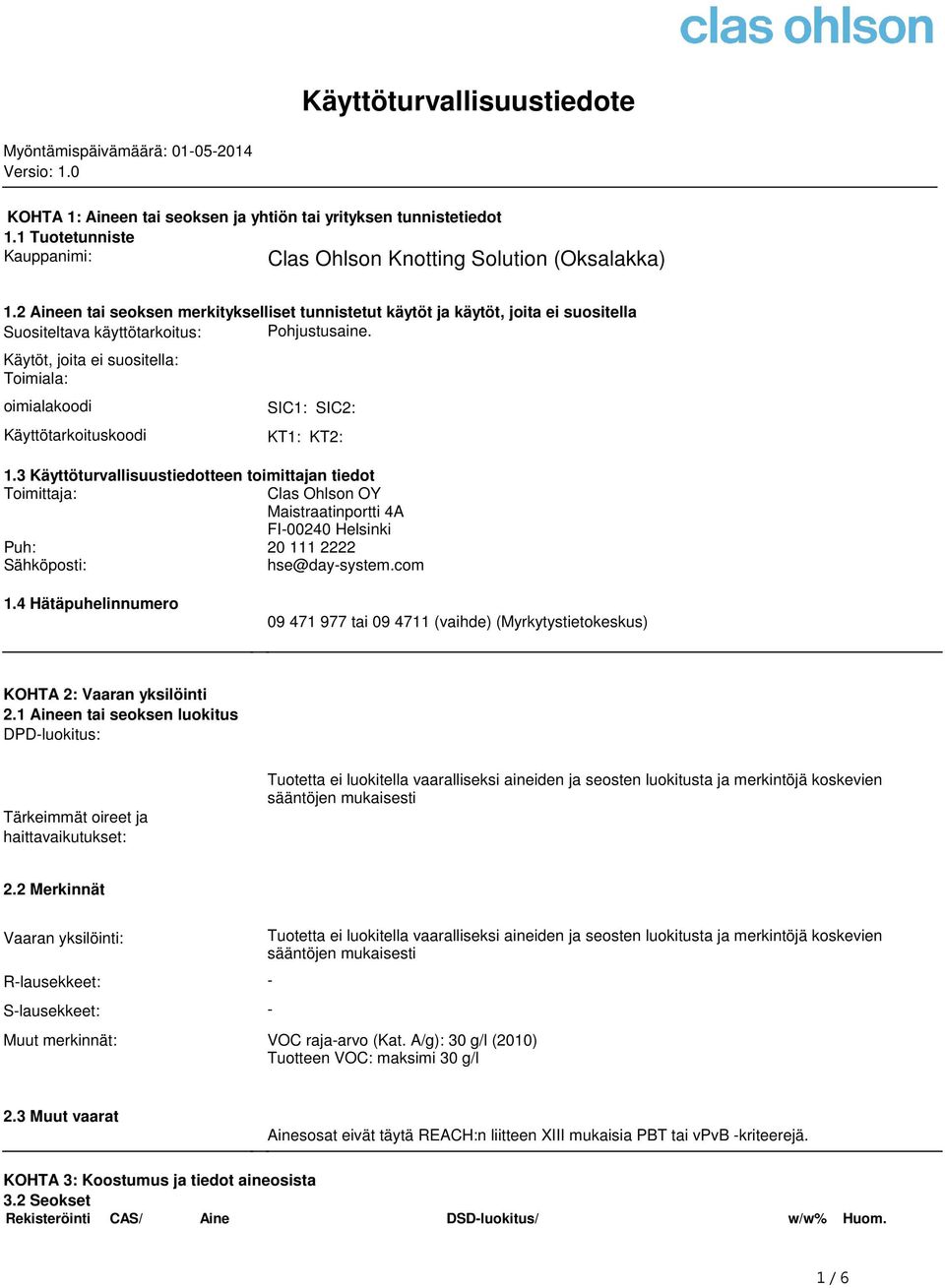 Käyttötarkoituskoodi SIC1: SIC2: KT1: KT2: 13 Käyttöturvallisuustiedotteen toimittajan tiedot Toimittaja: Clas Ohlson OY Maistraatinportti 4A FI-00240 Helsinki Puh: 20 111 2222 Sähköposti: