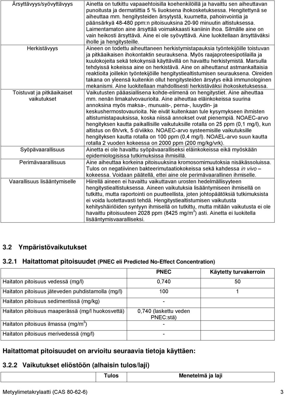 hengitysteiden ärsytystä, kuumetta, pahoinvointia ja päänsärkyä 48-480 ppm:n pitoisuuksina 20-90 minuutin altistuksessa. Laimentamaton aine ärsyttää voimakkaasti kaniinin ihoa.