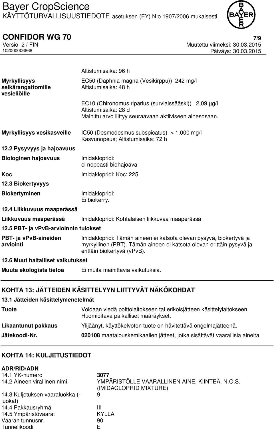 000 mg/l Kasvunopeus; Altistumisaika: 72 h Imidaklopridi: ei nopeasti biohajoava Koc Imidaklopridi: Koc: 225 12.3 Biokertyvyys Biokertyminen 12.