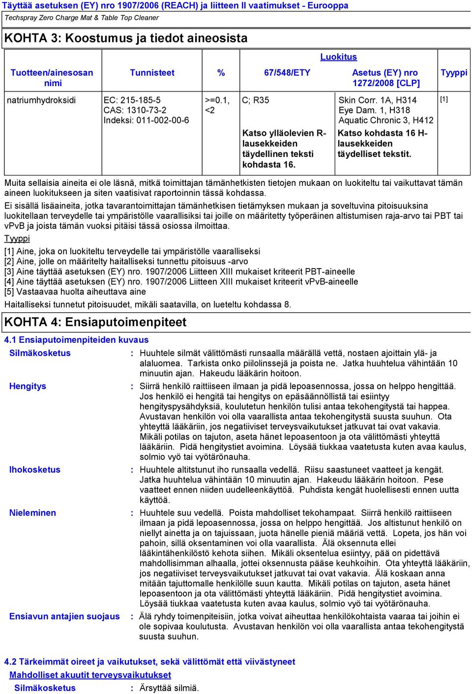 1, H318 Aquatic Chronic 3, H412 Katso ylläolevien R lausekkeiden täydellinen teksti kohdasta 16. Katso kohdasta 16 H lausekkeiden täydelliset tekstit.