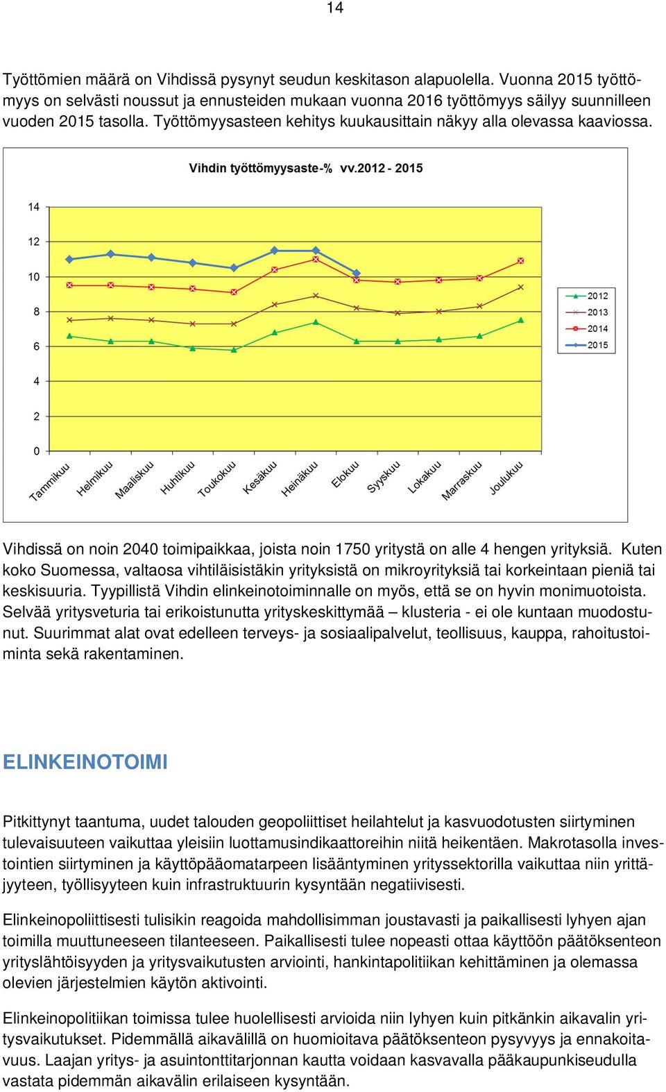 Kuten koko Suomessa, valtaosa vihtiläisistäkin yrityksistä on mikroyrityksiä tai korkeintaan pieniä tai keskisuuria. Tyypillistä Vihdin elinkeinotoiminnalle on myös, että se on hyvin monimuotoista.