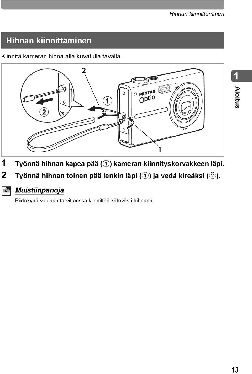 2 1 Aloitus 1 Työnnä hihnan kapea pää (1) kameran kiinnityskorvakkeen läpi.