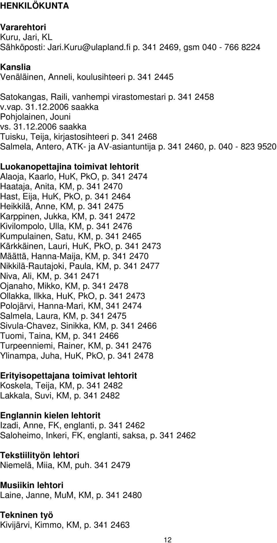 341 2468 Salmela, Antero, ATK- ja AV-asiantuntija p. 341 2460, p. 040-823 9520 Luokanopettajina toimivat lehtorit Alaoja, Kaarlo, HuK, PkO, p. 341 2474 Haataja, Anita, KM, p.
