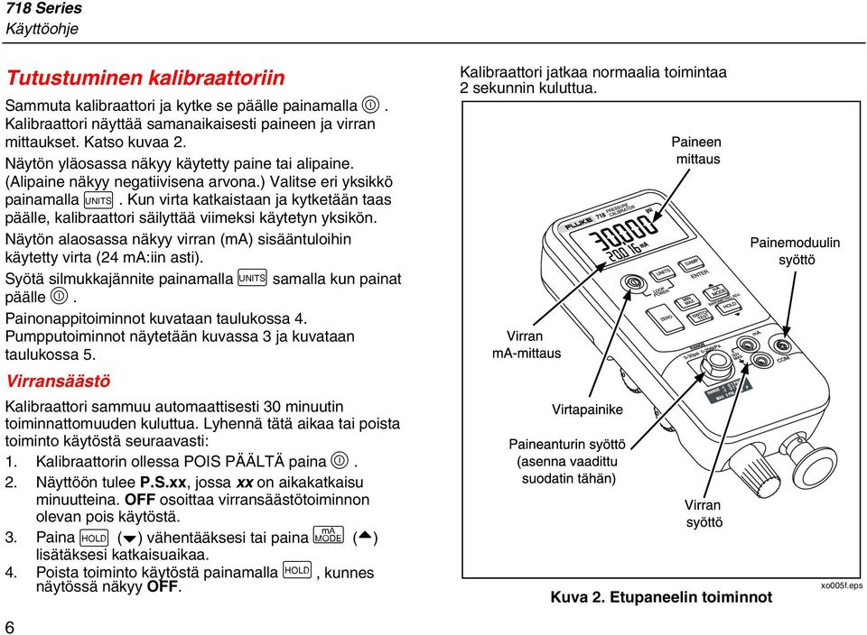 Kun virta katkaistaan ja kytketään taas päälle, kalibraattori säilyttää viimeksi käytetyn yksikön. Näytön alaosassa näkyy virran (ma) sisääntuloihin käytetty virta (24 ma:iin asti).