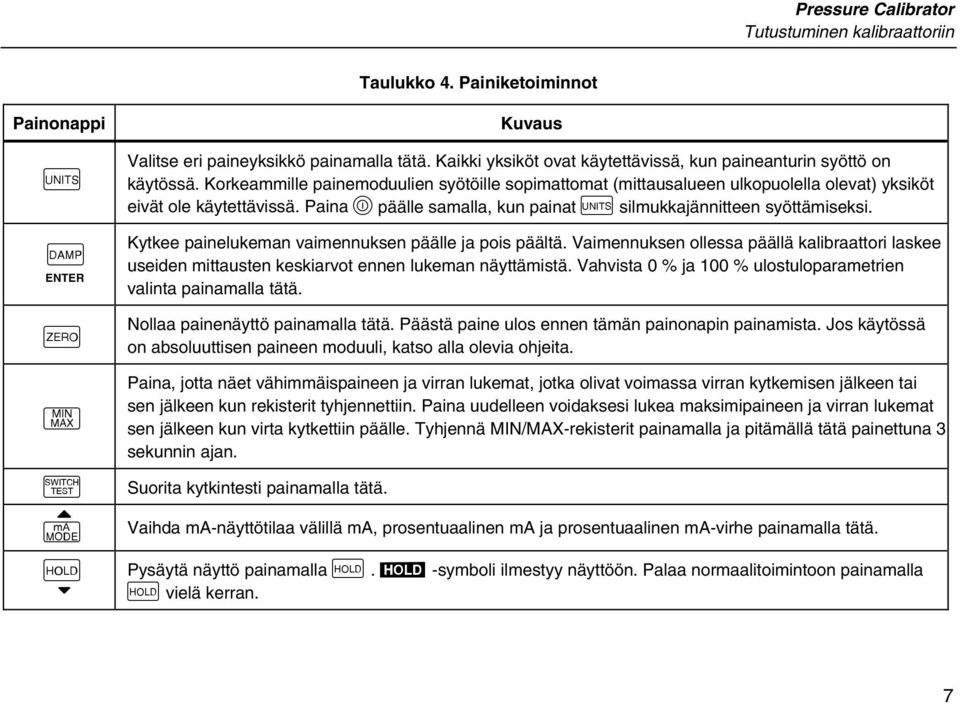 Paina Opäälle samalla, kun painat Usilmukkajännitteen syöttämiseksi. Kytkee painelukeman vaimennuksen päälle ja pois päältä.