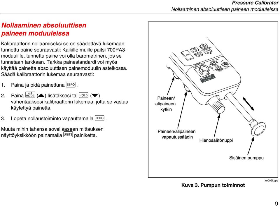 Tarkka painestandardi voi myös käyttää painetta absoluuttisen painemoduulin asteikossa. Säädä kalibraattorin lukemaa seuraavasti: 1. Paina ja pidä painettuna Z. 2.