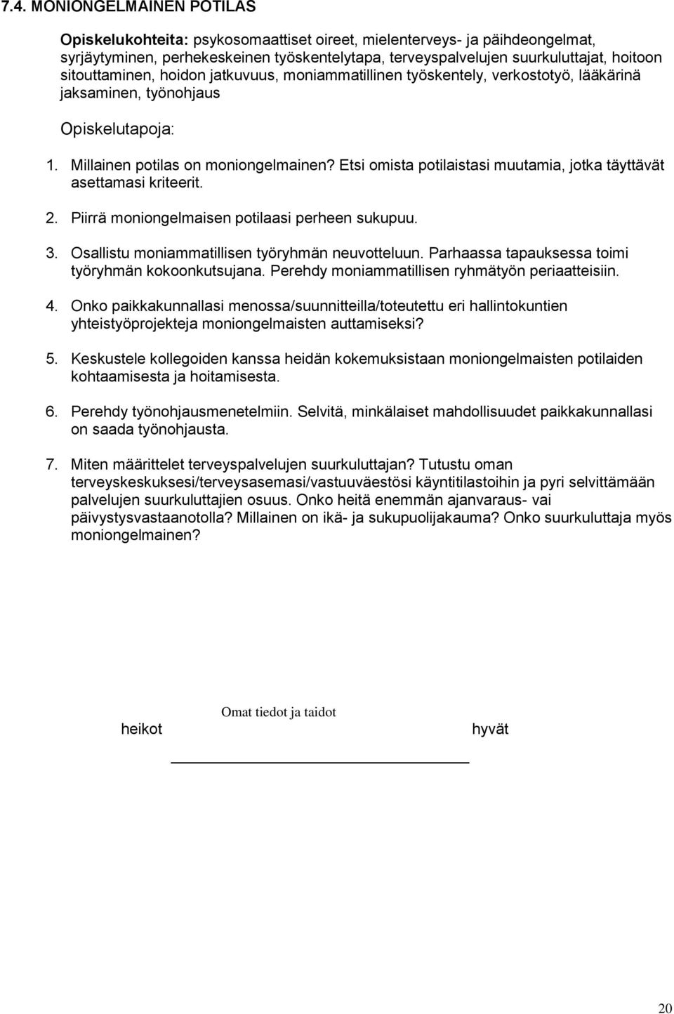 Etsi omista potilaistasi muutamia, jotka täyttävät asettamasi kriteerit. 2. Piirrä moniongelmaisen potilaasi perheen sukupuu. 3. Osallistu moniammatillisen työryhmän neuvotteluun.