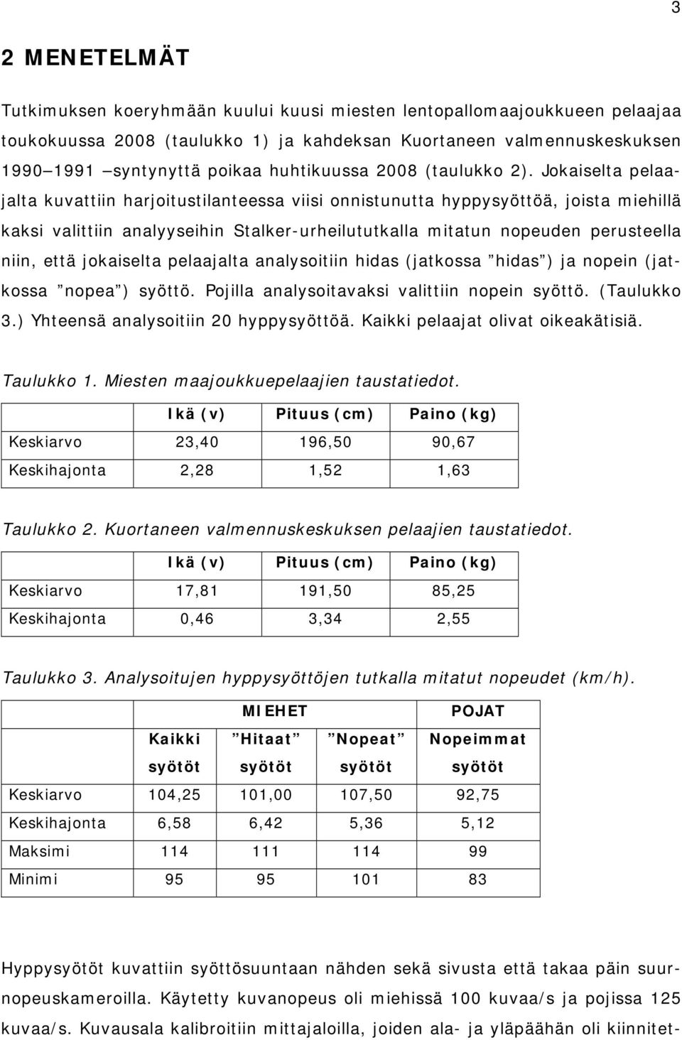 Jokaiselta pelaajalta kuvattiin harjoitustilanteessa viisi onnistunutta hyppysyöttöä, joista miehillä kaksi valittiin analyyseihin Stalker-urheilututkalla mitatun nopeuden perusteella niin, että