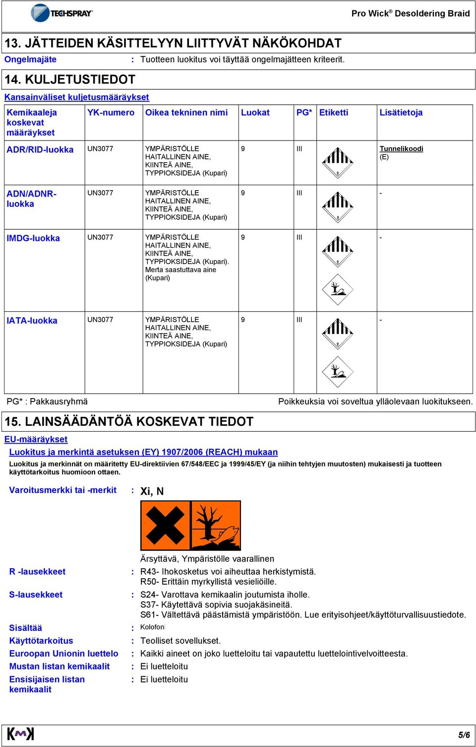 (Kupari) 9 III - IMDG-luokka UN3077 YMPÄRISTÖLLE TYPPIOKSIDEJA (Kupari). Merta saastuttava aine (Kupari) 9 III - IATA-luokka UN3077 YMPÄRISTÖLLE 9 TYPPIOKSIDEJA (Kupari) III - PG* Pakkausryhmä 15.