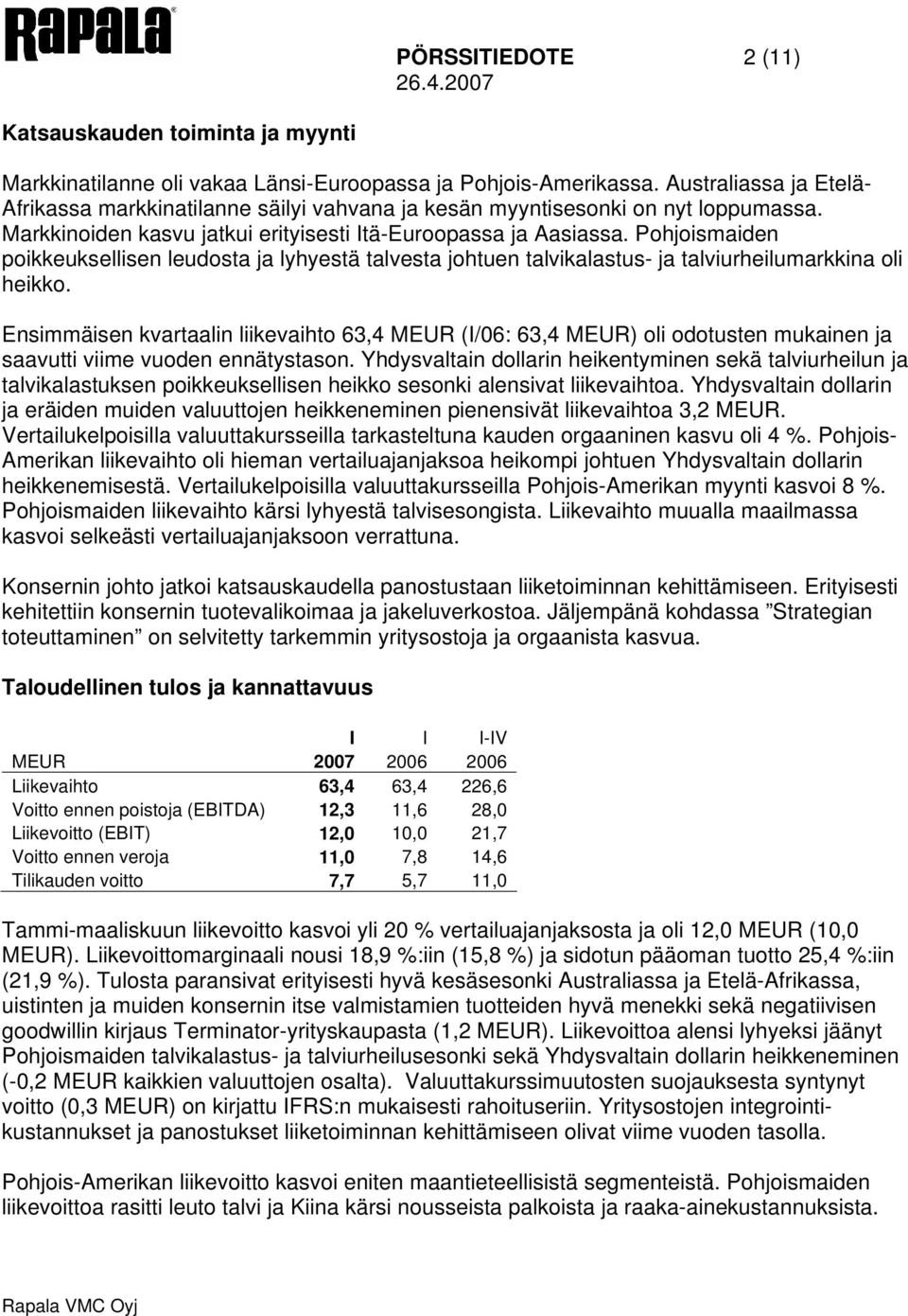 Pohjoismaiden poikkeuksellisen leudosta ja lyhyestä talvesta johtuen talvikalastus- ja talviurheilumarkkina oli heikko.