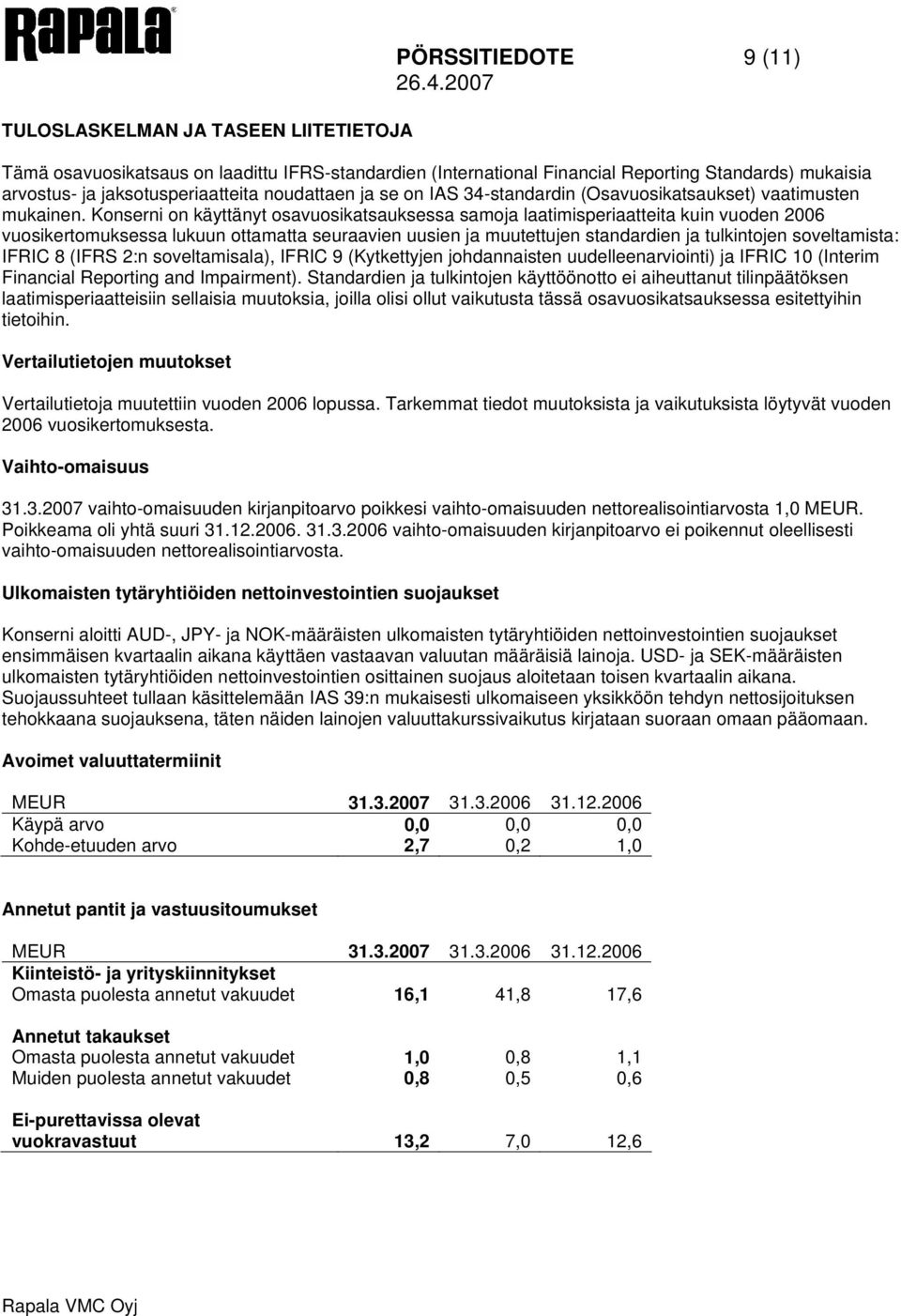 Konserni on käyttänyt osavuosikatsauksessa samoja laatimisperiaatteita kuin vuoden 2006 vuosikertomuksessa lukuun ottamatta seuraavien uusien ja muutettujen standardien ja tulkintojen soveltamista: