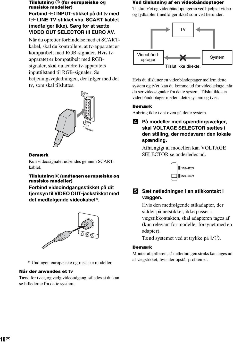 Hvis tvapparatet er kompatibelt med RGBsignaler, skal du ændre tv-apparatets inputtilstand til RGB-signaler. Se betjeningsvejledningen, der følger med det tv, som skal tilsluttes.