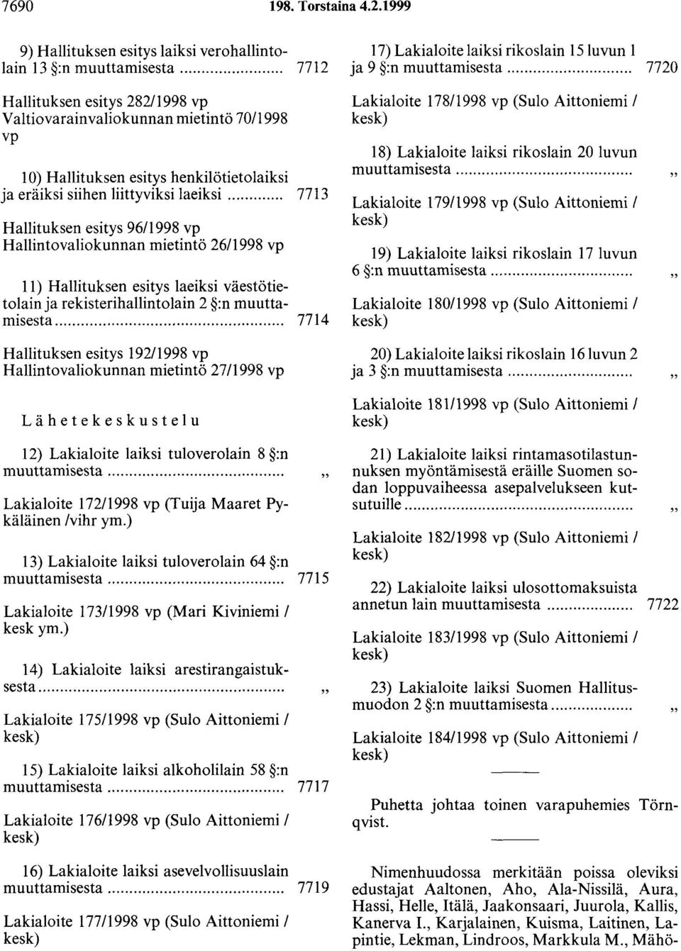 ............ 7713 Hallituksen esitys 96/1998 vp Hallintovaliokunnan mietintö 26/1998 vp 11) Hallituksen esitys laeiksi väestötietolain ja rekisterihallintolain 2 :n muuttamisesta.