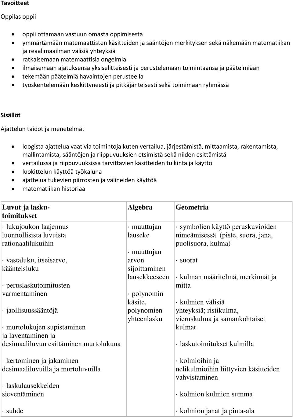 pitkäjänteisesti sekä toimimaan ryhmässä Sisällöt Ajattelun taidot ja menetelmät loogista ajattelua vaativia toimintoja kuten vertailua, järjestämistä, mittaamista, rakentamista, mallintamista,