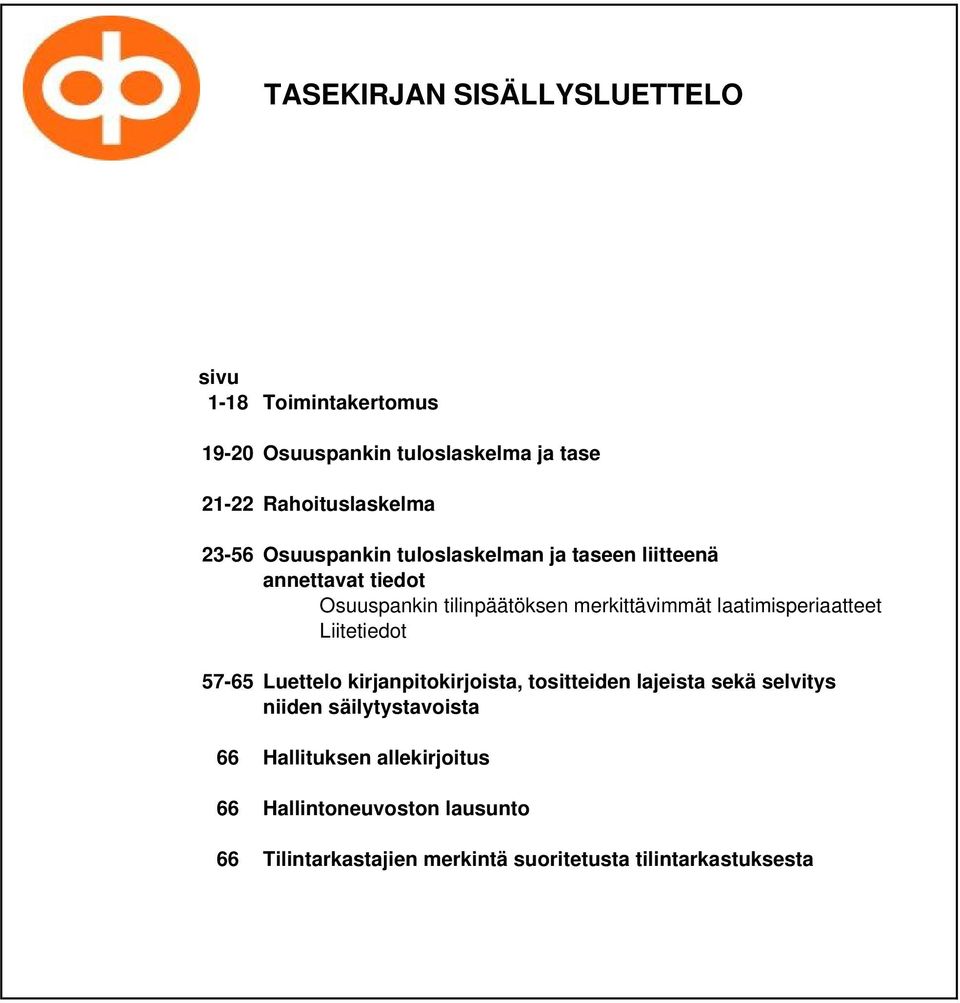laatimisperiaatteet Liitetiedot 57-65 Luettelo kirjanpitokirjoista, tositteiden lajeista sekä selvitys niiden