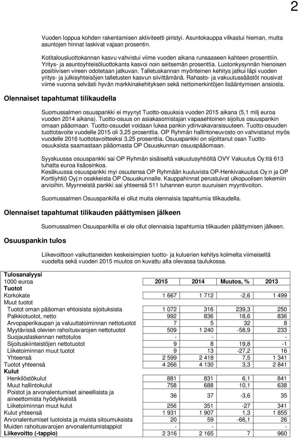 Luotonkysynnän hienoisen positiivisen vireen odotetaan jatkuvan. Talletuskannan myönteinen kehitys jatkui läpi vuoden yritys- ja julkisyhteisöjen talletusten kasvun siivittämänä.