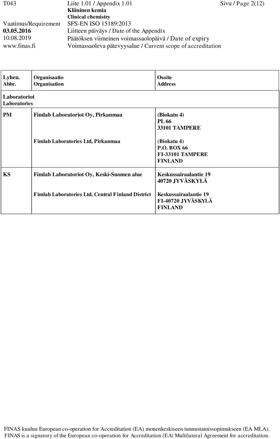 66 33101 TAMPERE Fimlab Laboratories Ltd, Pirkanmaa (Biokatu 4) P.O.