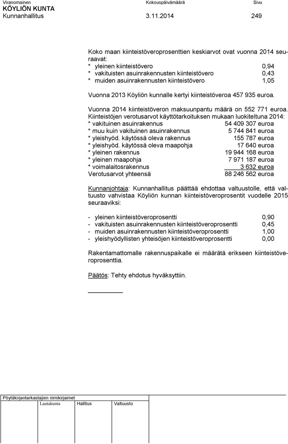 kiinteistövero 1,05 Vuonna 2013 Köyliön kunnalle kertyi kiinteistöveroa 457 935 euroa. Vuonna 2014 kiinteistöveron maksuunpantu määrä on 552 771 euroa.
