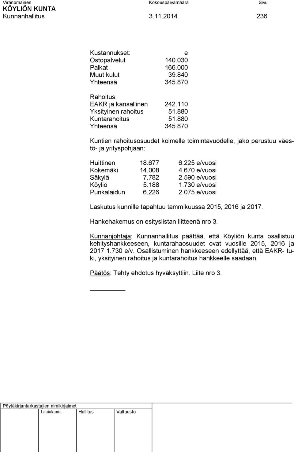 590 e/vuosi Köyliö 5.188 1.730 e/vuosi Punkalaidun 6.226 2.075 e/vuosi Laskutus kunnille tapahtuu tammikuussa 2015, 2016 ja 2017. Hankehakemus on esityslistan liitteenä nro 3.