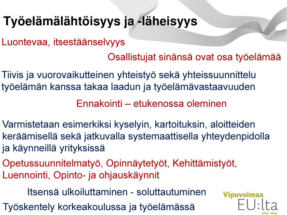 kartoituksin, aloitteiden keräämisellä sekä jatkuvalla systemaattisella yhteydenpidolla ja käynneillä yrityksissä Opetussuunnitelmatyö,