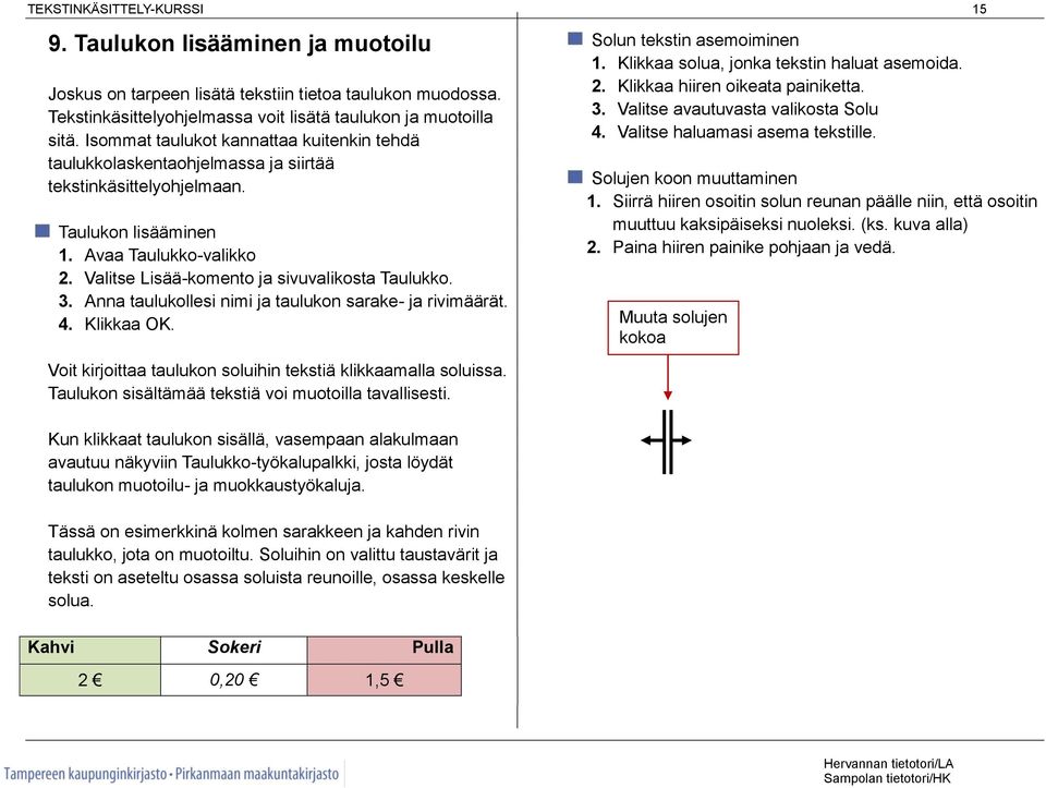 Valitse Lisää-komento ja sivuvalikosta Taulukko. 3. Anna taulukollesi nimi ja taulukon sarake- ja rivimäärät. 4. Klikkaa OK. Voit kirjoittaa taulukon soluihin tekstiä klikkaamalla soluissa.