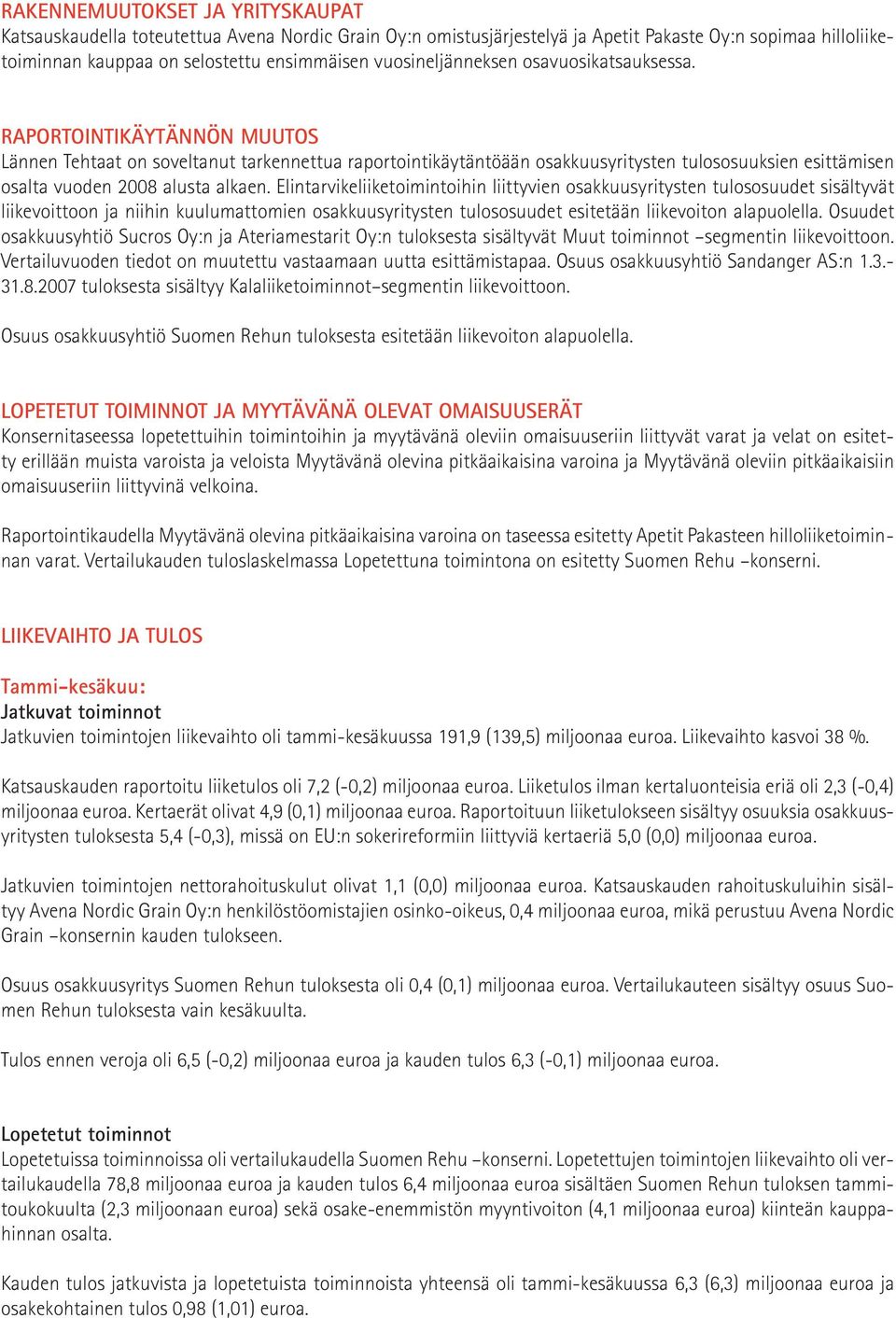 RAPORTOINTIKÄYTÄNNÖN MUUTOS Lännen Tehtaat on soveltanut tarkennettua raportointikäytäntöään osakkuusyritysten tulososuuksien esittämisen osalta vuoden 2008 alusta alkaen.