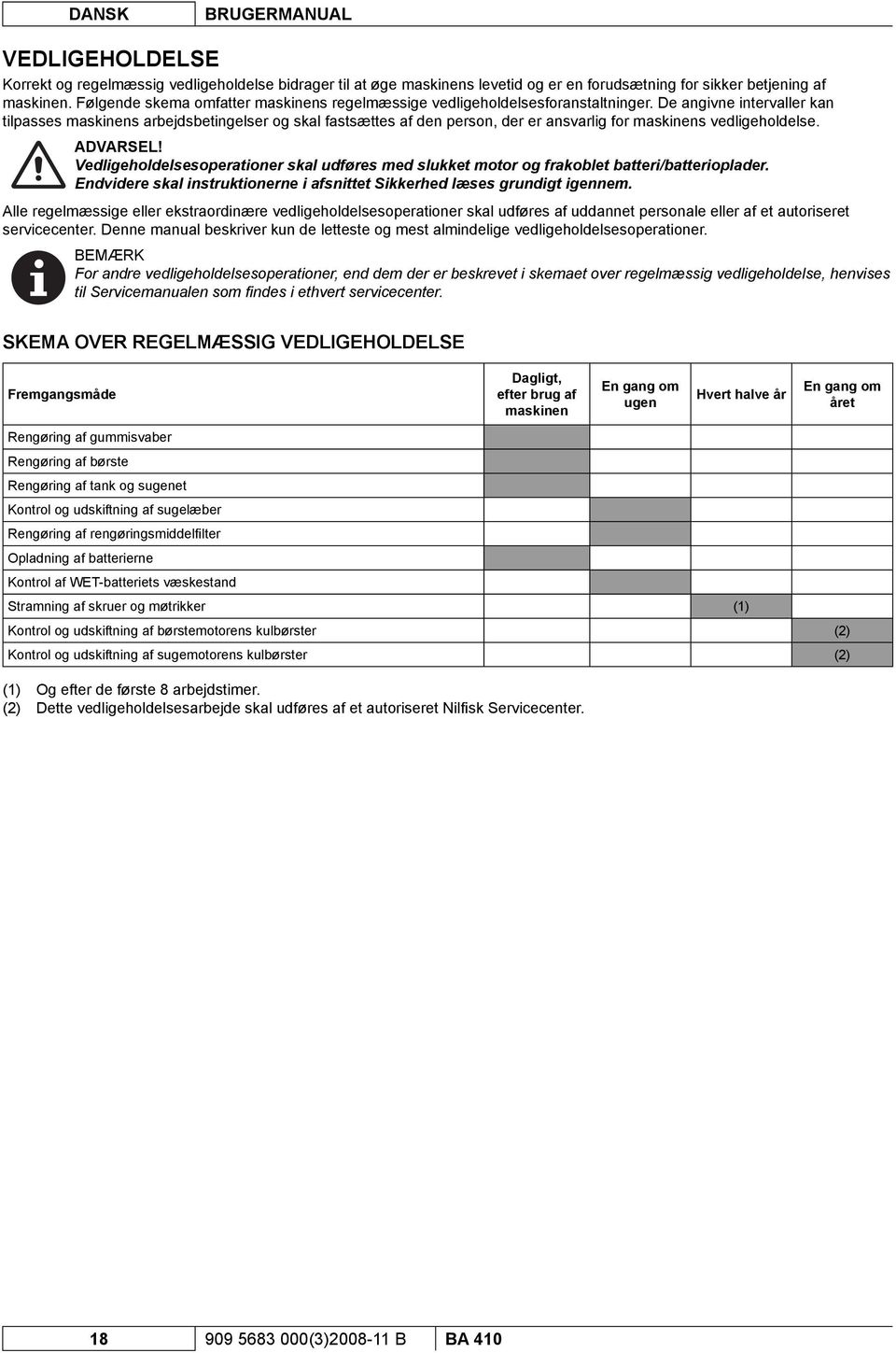 De angivne intervaller kan tilpasses maskinens arbejdsbetingelser og skal fastsættes af den person, der er ansvarlig for maskinens vedligeholdelse. ADVARSEL!