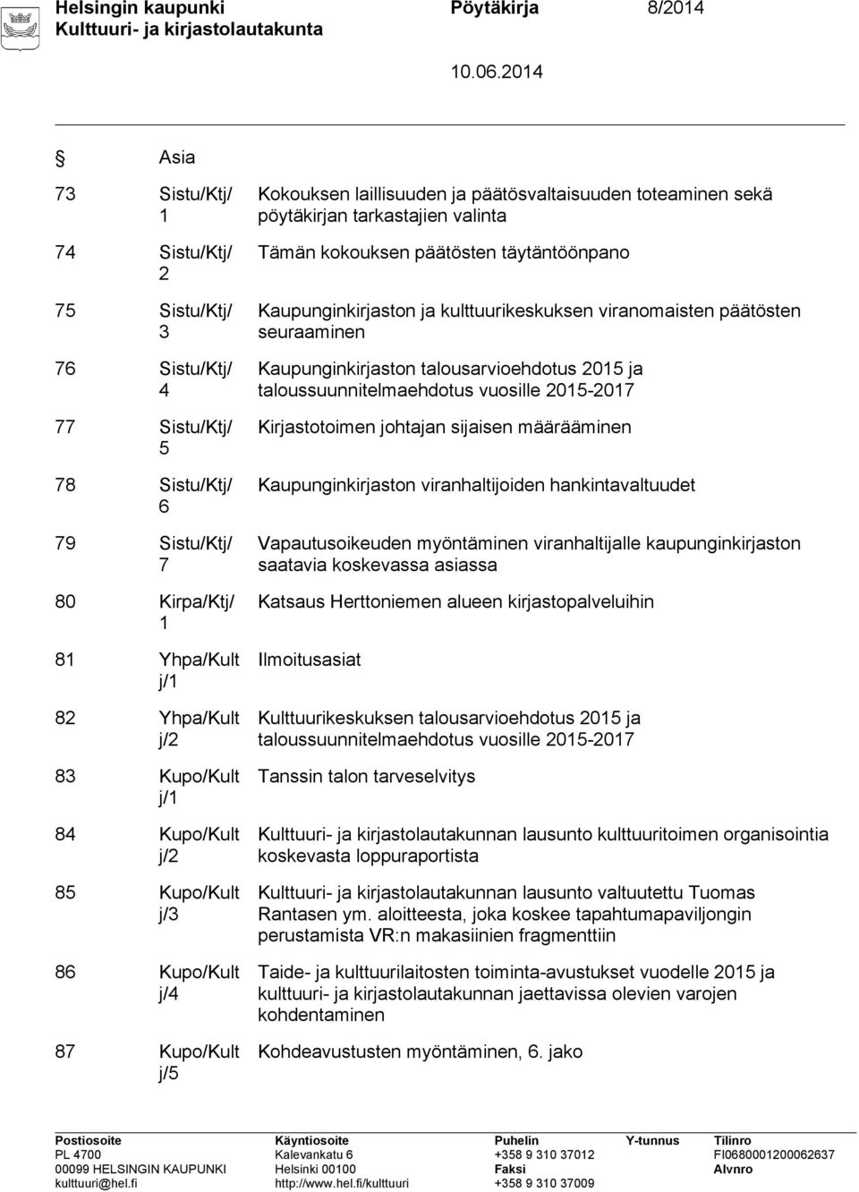 päätösten täytäntöönpano Kaupunginkirjaston ja kulttuurikeskuksen viranomaisten päätösten seuraaminen Kaupunginkirjaston talousarvioehdotus 2015 ja taloussuunnitelmaehdotus vuosille 2015-2017